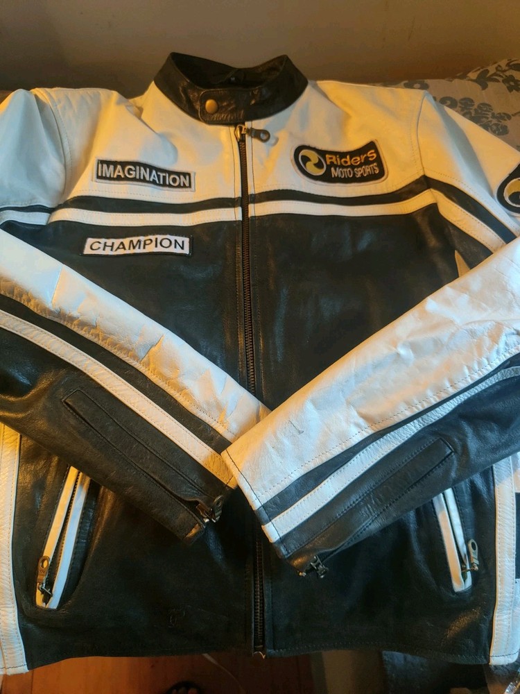 Jacket Mens Medium Leather Black White Biker Motorcycle