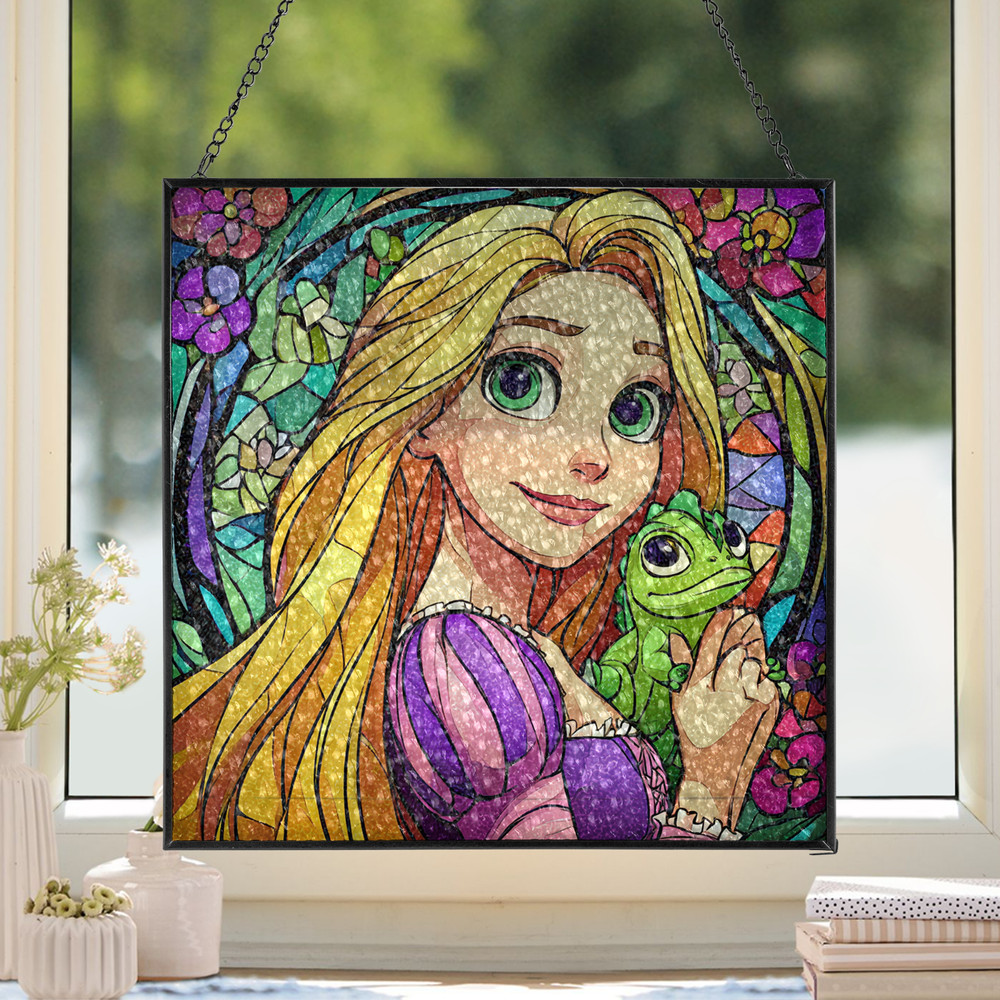 Rapunzel and Pascal Square Stained Glass Suncatcher,  Rapunzel Window Hanging