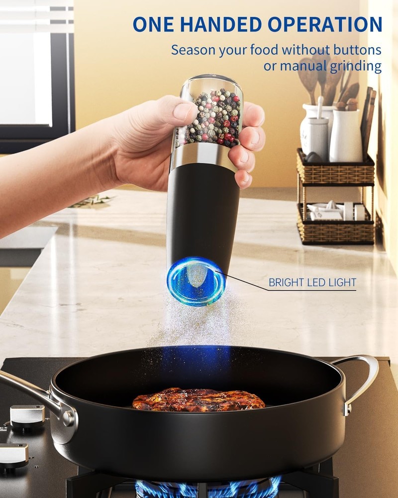 Gravity Electric Salt & Pepper Grinder Set, LED Light, Adjustable Coarseness USA