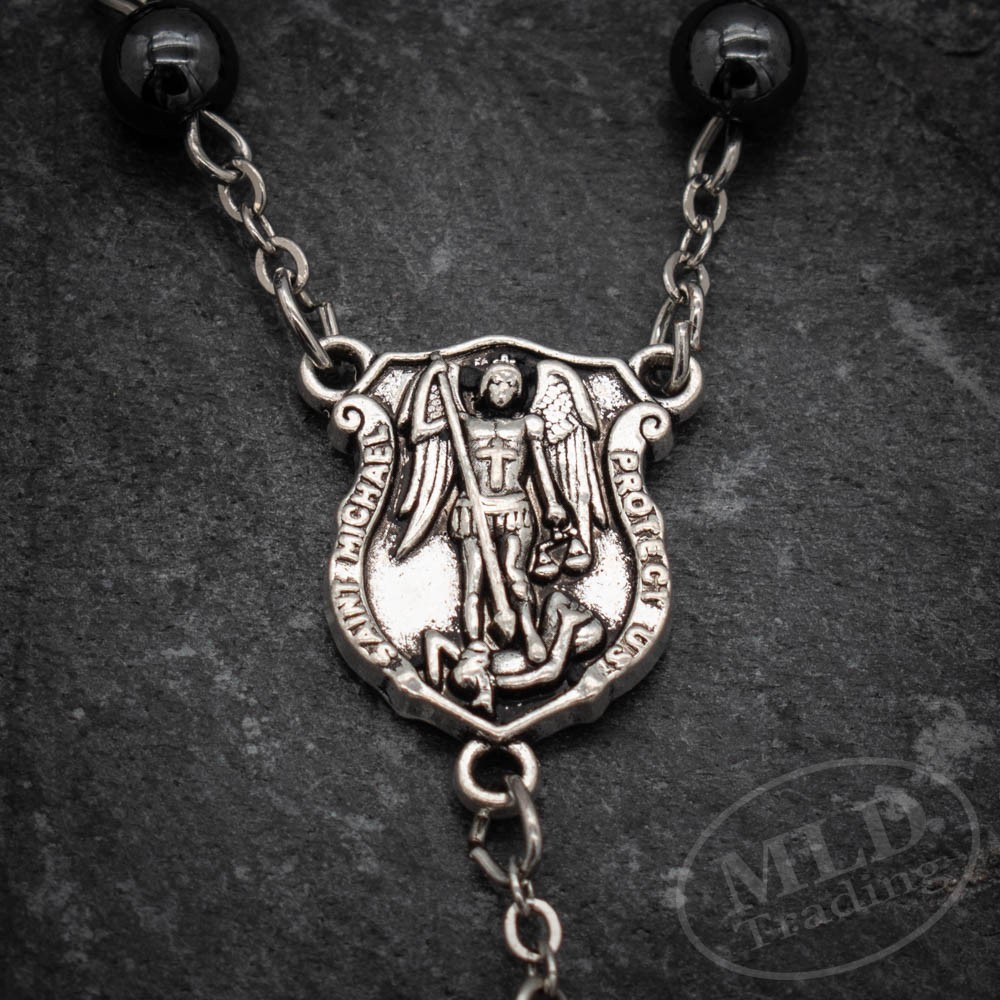 Saint St Michael Hematite Rosary Necklace – 6mm Beads – 19" Long Wearable