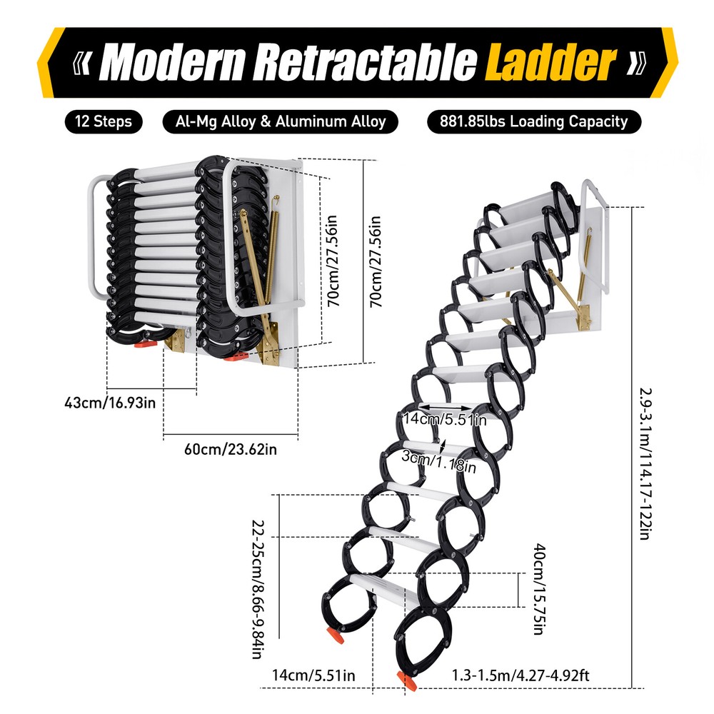 12 Steps Wall Mounted Folding Ladder Loft Stair Attic Steps Pull Down 882lb Load