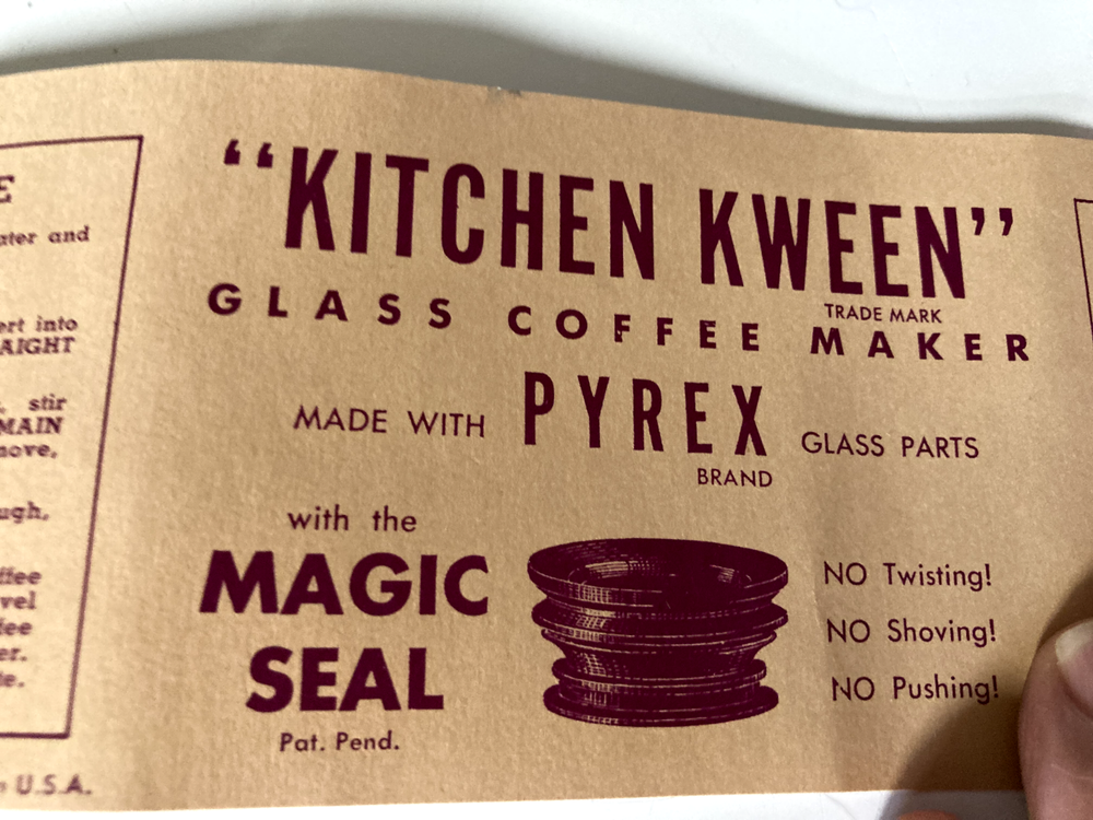 Kitchen Kween double Pyrex glass coffee pot NOS w/no box 6 cup mint
