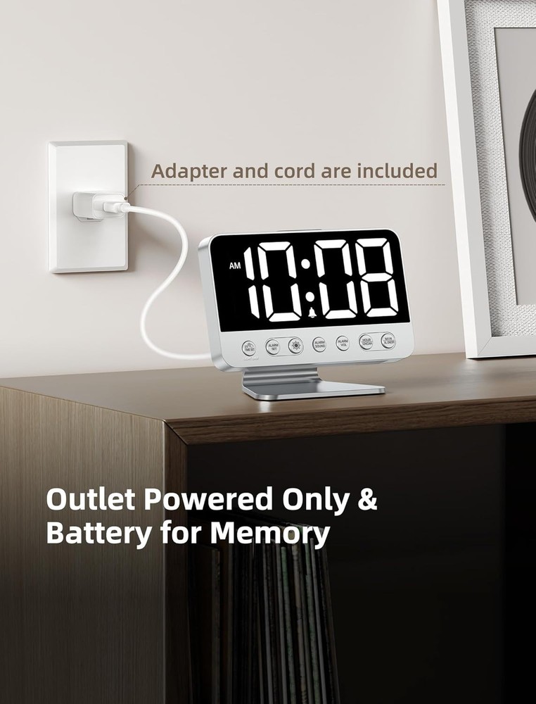 Easy-to-Read Digital Alarm Clock with USB Port & Adjustable Brightness - Silver