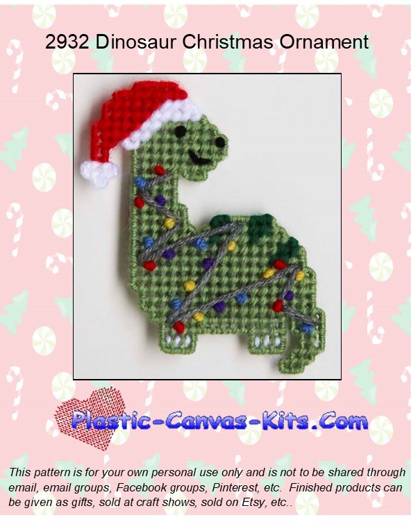 Dinosaur Christmas Ornament- Plastic Canvas Pattern or Kit