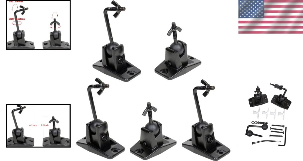 5 Heavy-Duty Black Satellite Speaker Mounts - Adjustable Wall/Ceiling Brackets