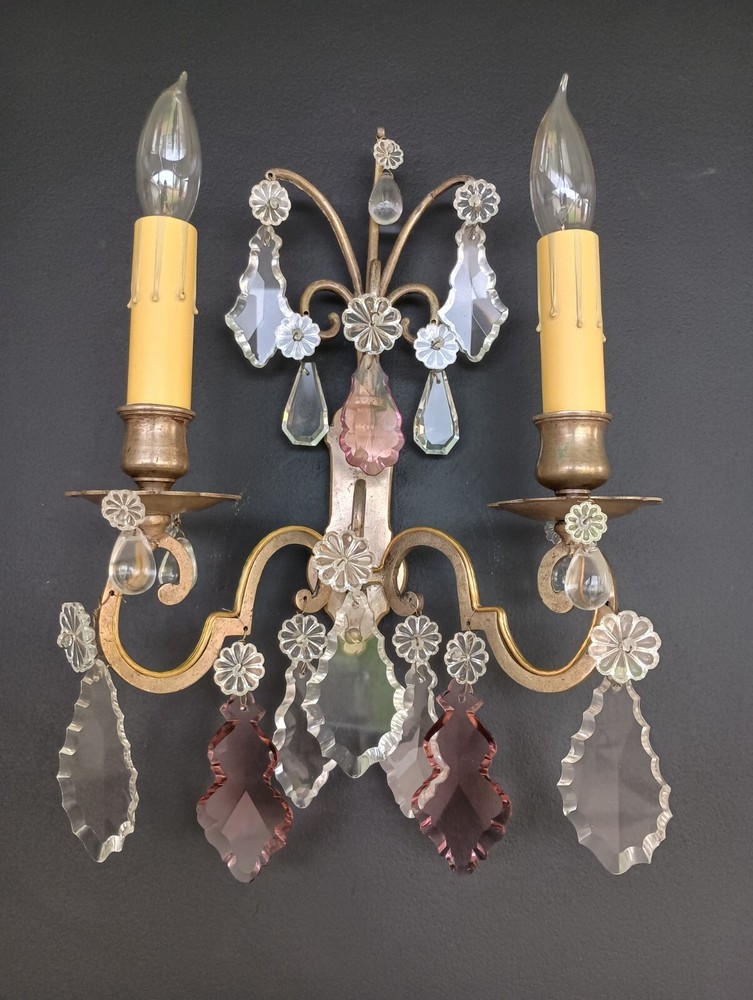 Antique Pair French Bronze Crystal Sconces