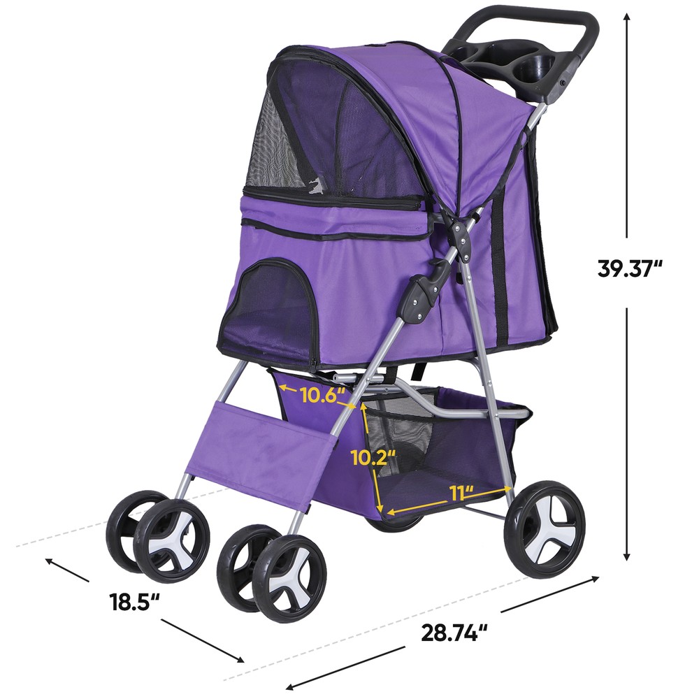 Foldable Pet Stroller 4 Wheels Dog Stroller w/Storage Basket & Cup Holder Purple