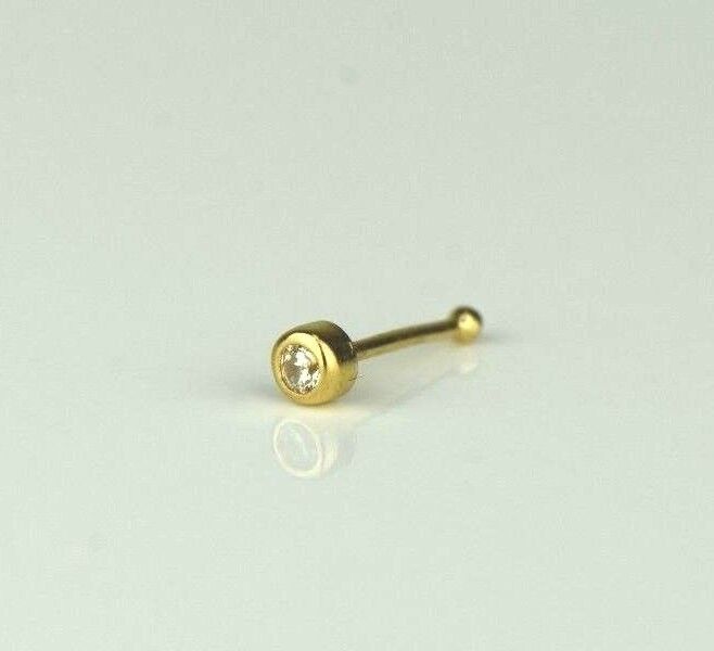 14k Yellow White Gold CZ Round Bezel Nose Piercing Stud