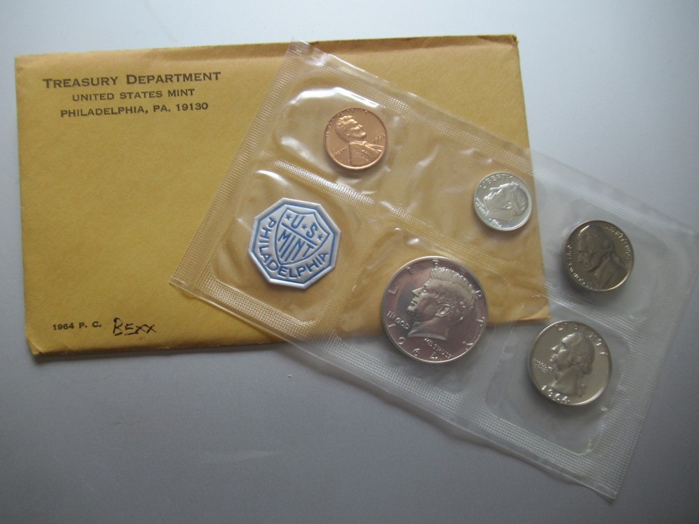 1964 - P US Silver Mint Proof Set 5 Coins w Original Envelope