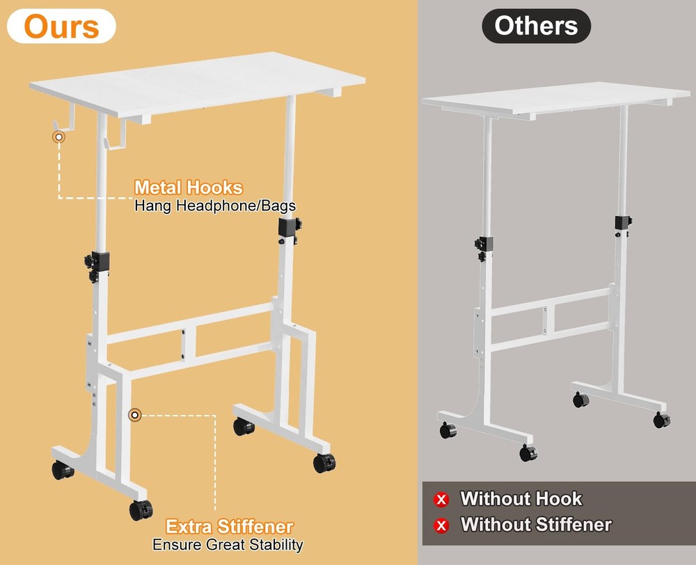 Small Adjustable Height Standing Desk With 2 Hooks, Rolling Sit Stand Up Desk Wi