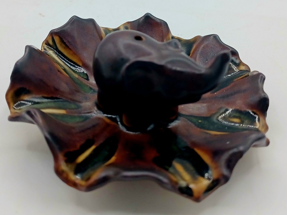 Small Pottery Elephant incense Holder with attached ash catcher plate