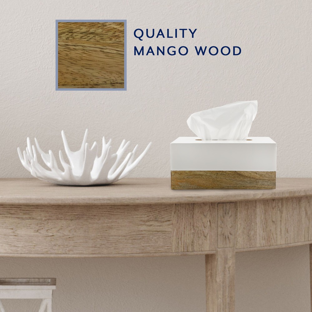 White Enamel/Mango Wood Rectangular Tissue Box Cover; Scandinavian Decor Oblong