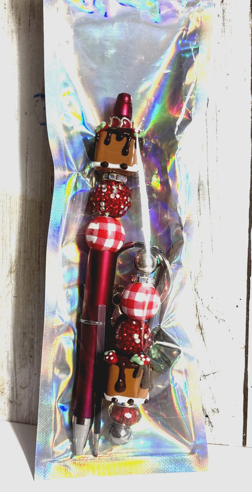 HAND MADE BEAD PEN AND BEAD KEY CHAIN & INK REFILL- cake