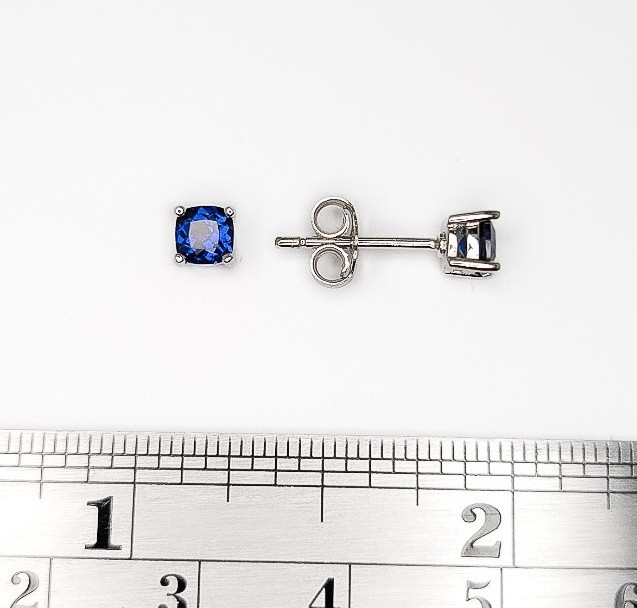Created Blue Sapphire Cushion Cut Sterling Silver Small Stud Post Earrings
