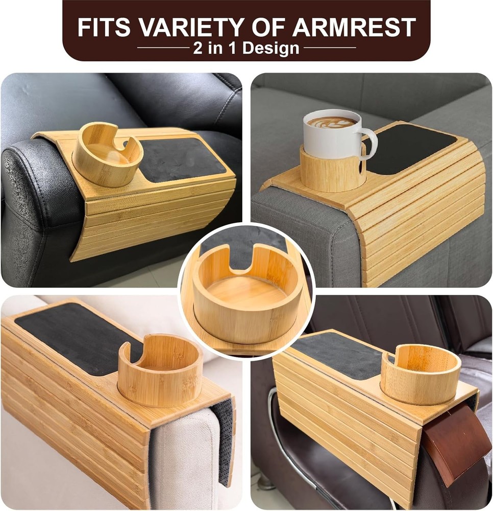 MAGIC BAMBOO Couch Cup Holder Tray, Bamboo Sofa Armrest Tray with Detachable Cup