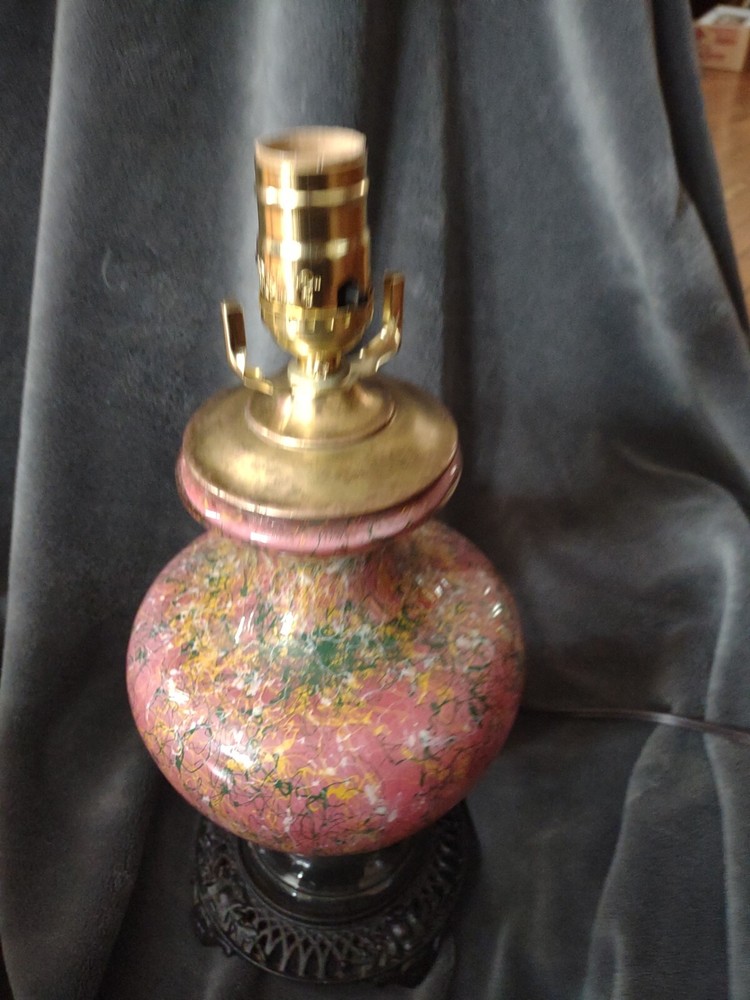 Antique Reverse Hand Painted Spatter Ginger Jar Table Lamp Ornate Iron Base