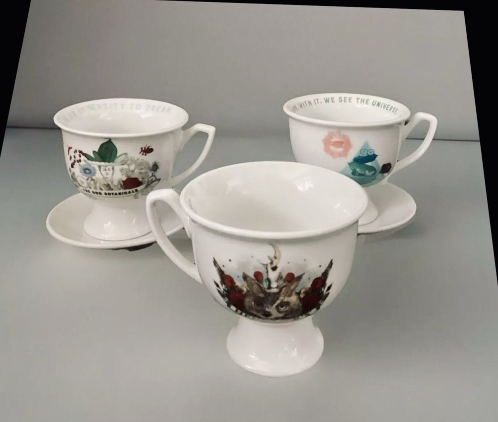 3 X Hendrick's Gin Cups , 2 With Saucers, One Without - various sayings