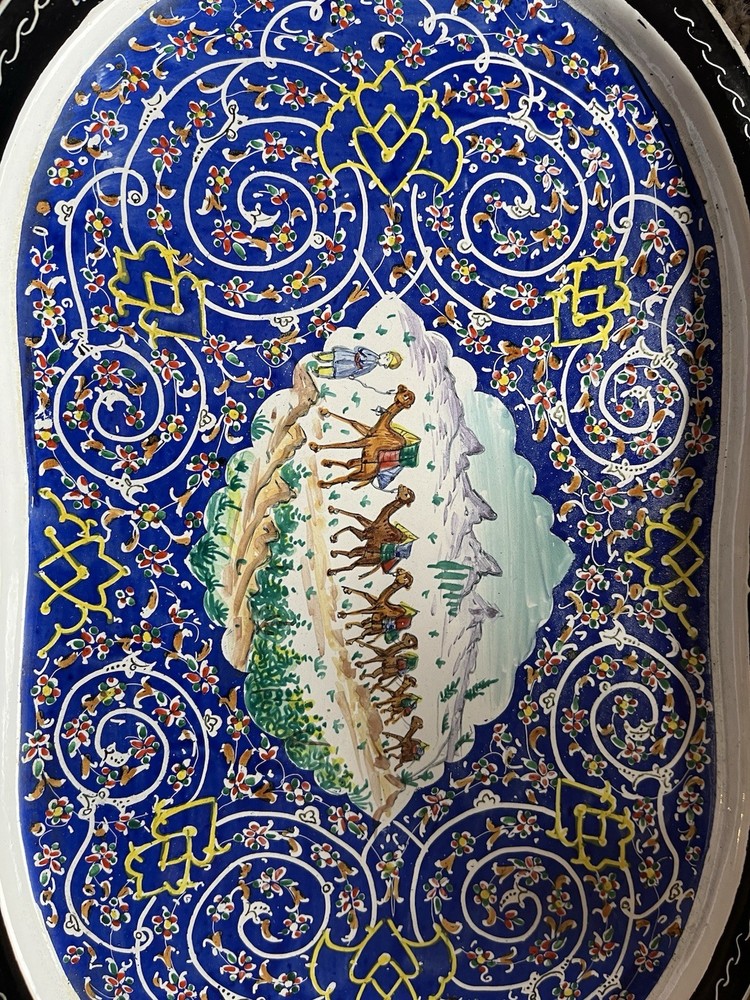 VINTAGE MIDDLE EASTERN ENAMEL OVER COPPER DECANTER, TRAY,6 STEM CUPS