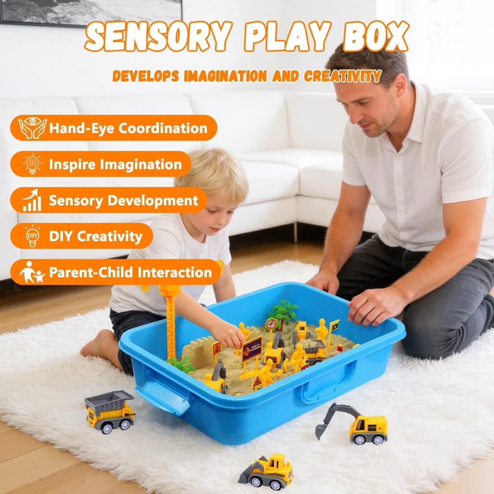 Construction Sensory Bin with Lid, 2.2lbs Sand & 5 Construction Trucks, Senso...