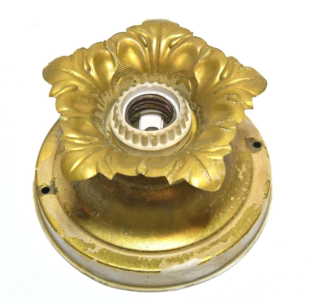 VINTAGE PRESSED BRASS CEILING MOUNT FLOWER ROSETTE LIGHT FIXTURE