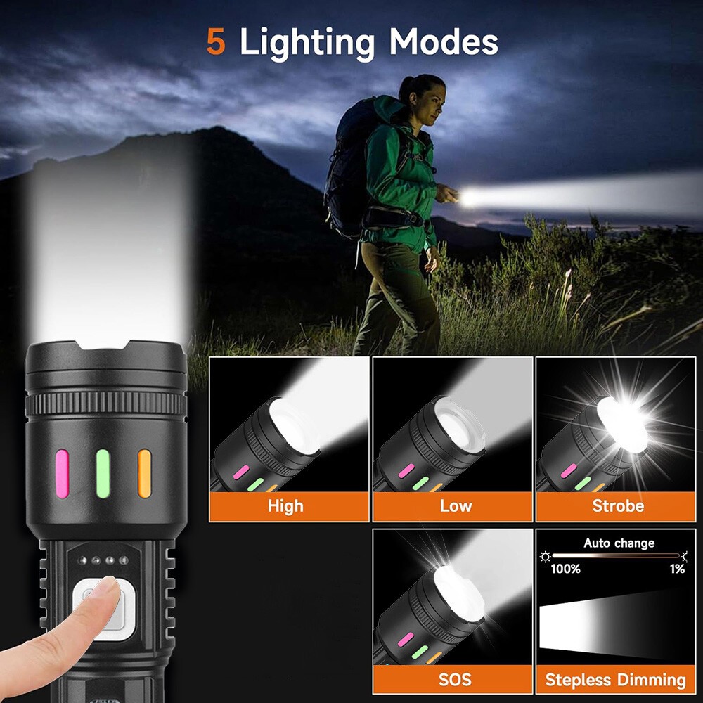 Super Bright P50 LED Tactical Flashlight with COB Side Light 5 Modes Zoomable