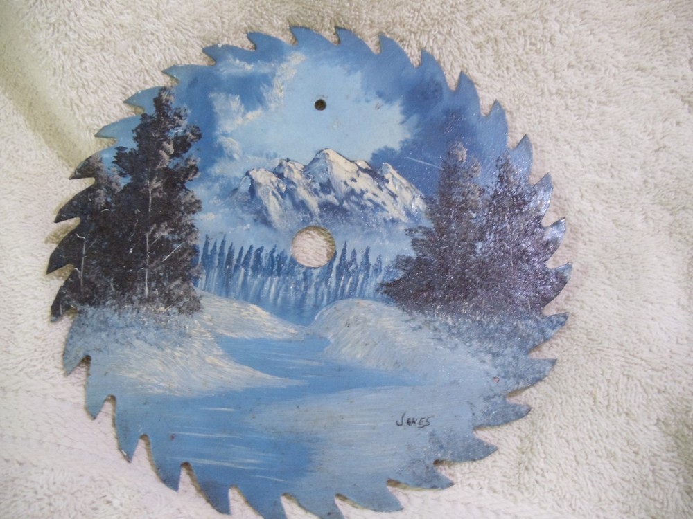 Beautiful Mountain/ tree Scene Hand Painted  7” Saw Blade signed