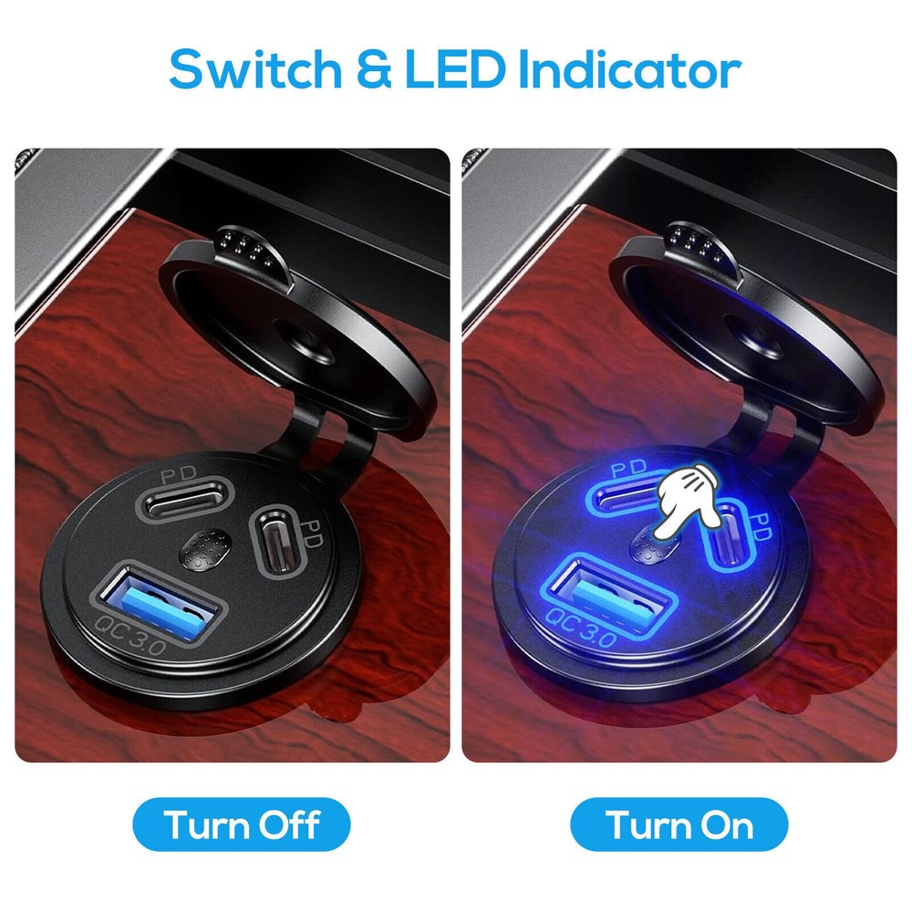 Dual PD+QC 3.0 USB Port Car Cigarette Lighter Socket Plug LED Indicator Black