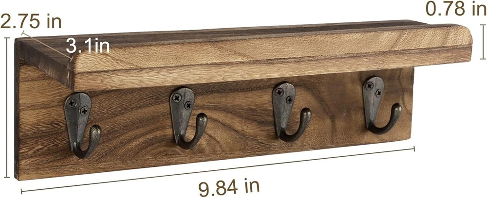 Rustic Wall Key Holder with 4 Hooks & Floating Shelf for Elegant Organization