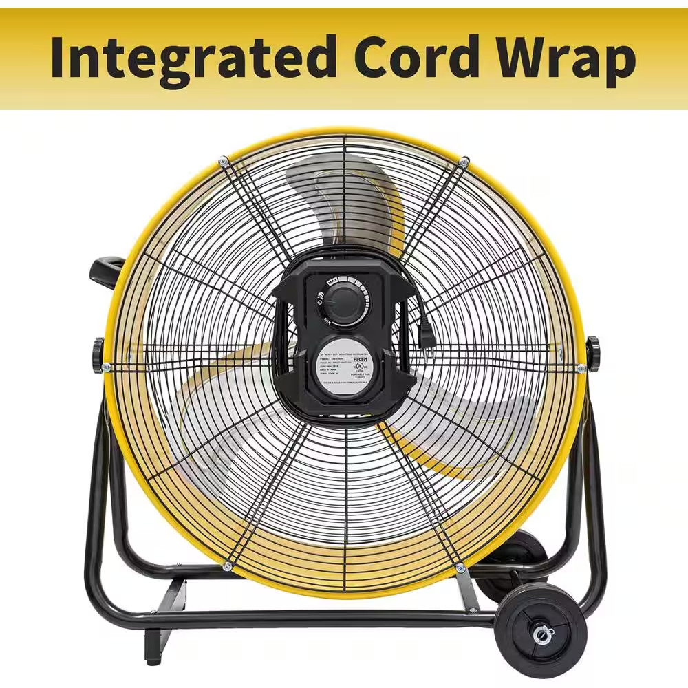 24 In. Drive Drum Fan in Yellow with Solid Wheels, Tough Handle, Variable Speed