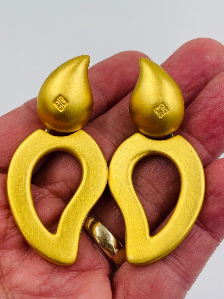 Vintage Givenchy Signed Statement Clip Earrings Brushed Gold Chunky Runway