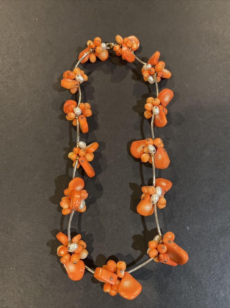 Vintage Silver TONE Coral Pearl  Necklace