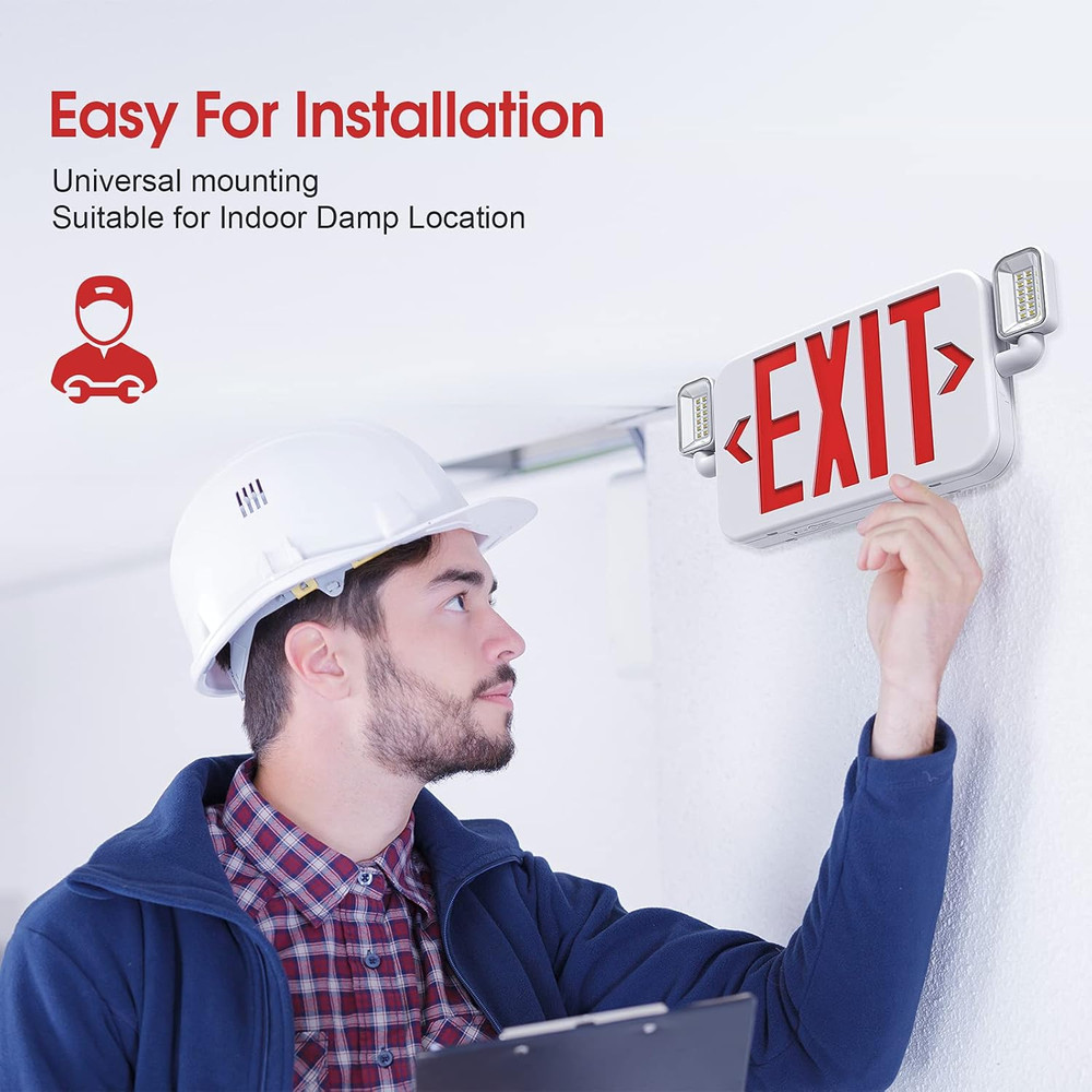 Led Combo Emergency Exit Sign Light with Two Adjustable Head Lights and Backup B