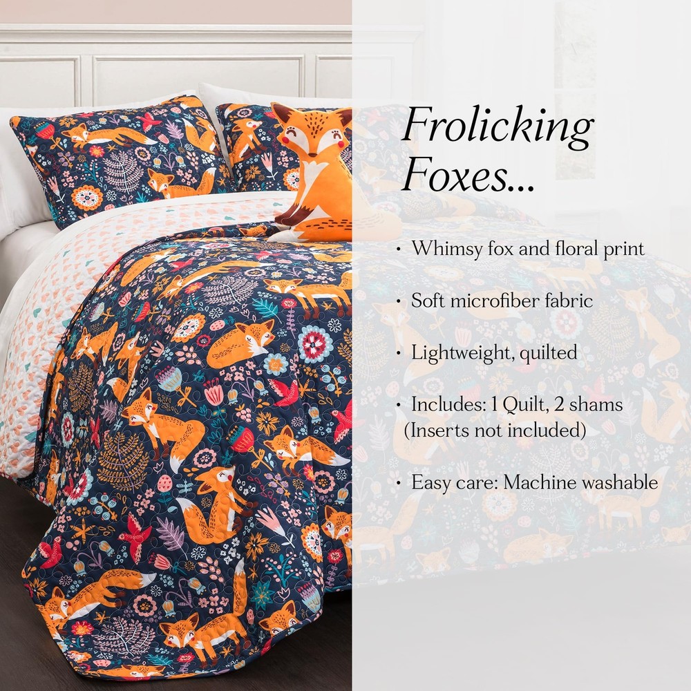 Lush Decor Pixie Fox Reversible Quilt Set, Twin, Navy & Orange - 3 Piece