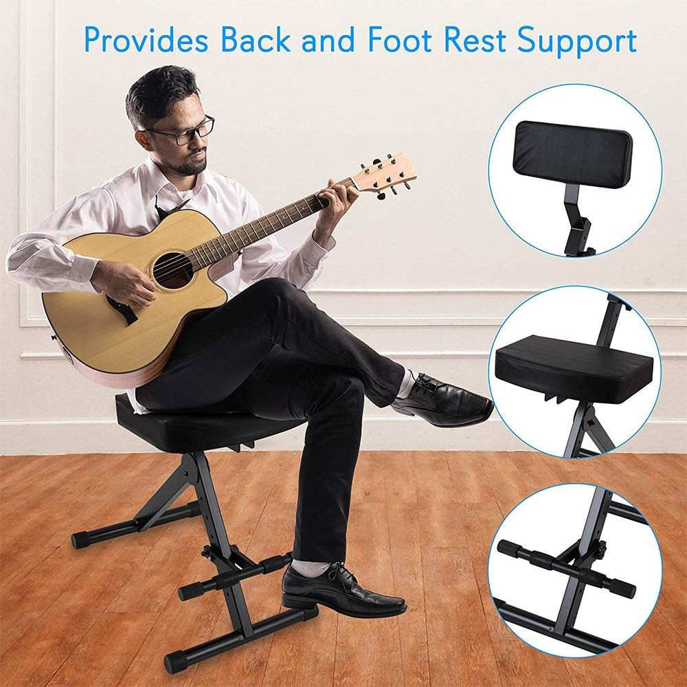 Drum Throne - Guitar Stool, Foldable & Portable Chair W/ Backrest & Footrest, Ad