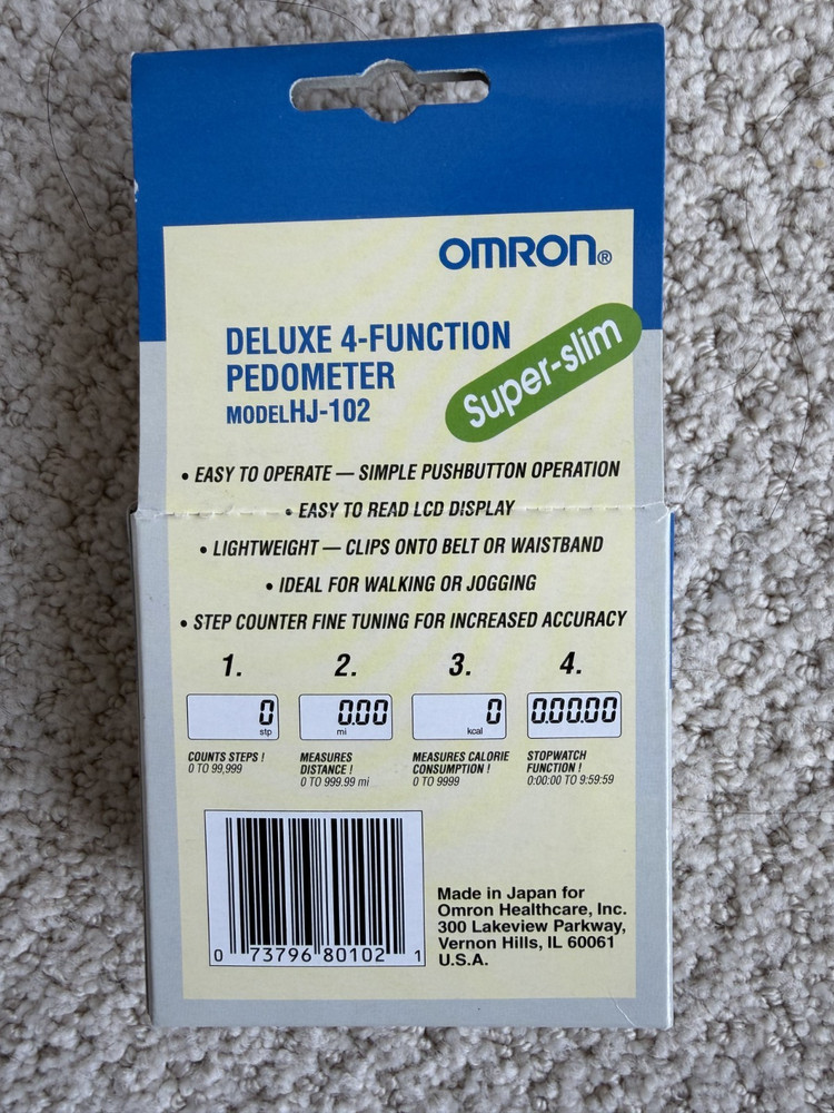 NEW OMRON PEDOMETER HJ-102 DELUXE 4 FUNCTION SUPER SLIM