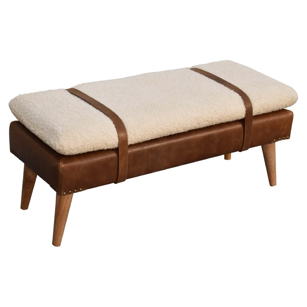 Boucle & Leather Accent Bench