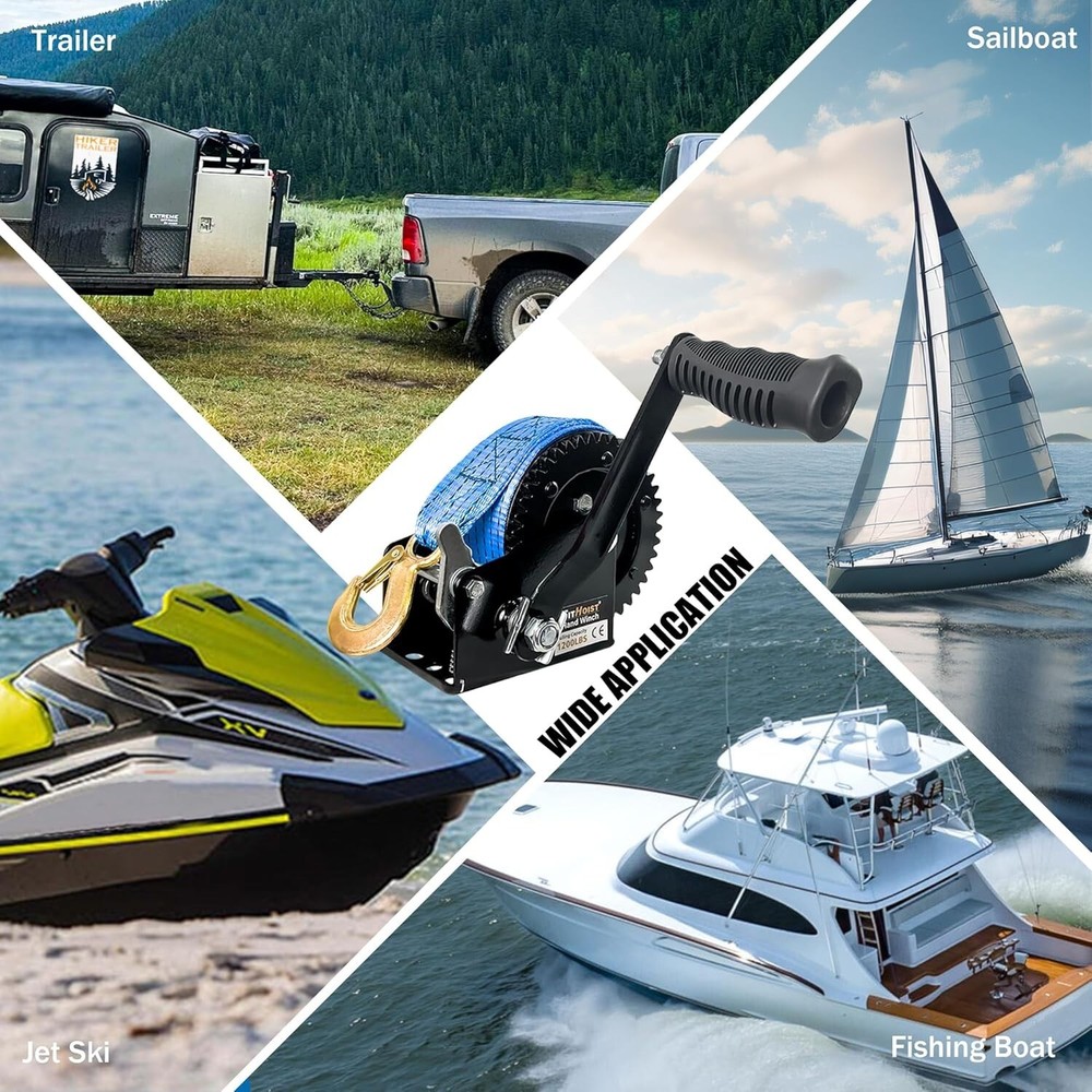 Boat Trailer Winch，Heavy Duty Hand Winch with Polyester Strap, 1200LBS