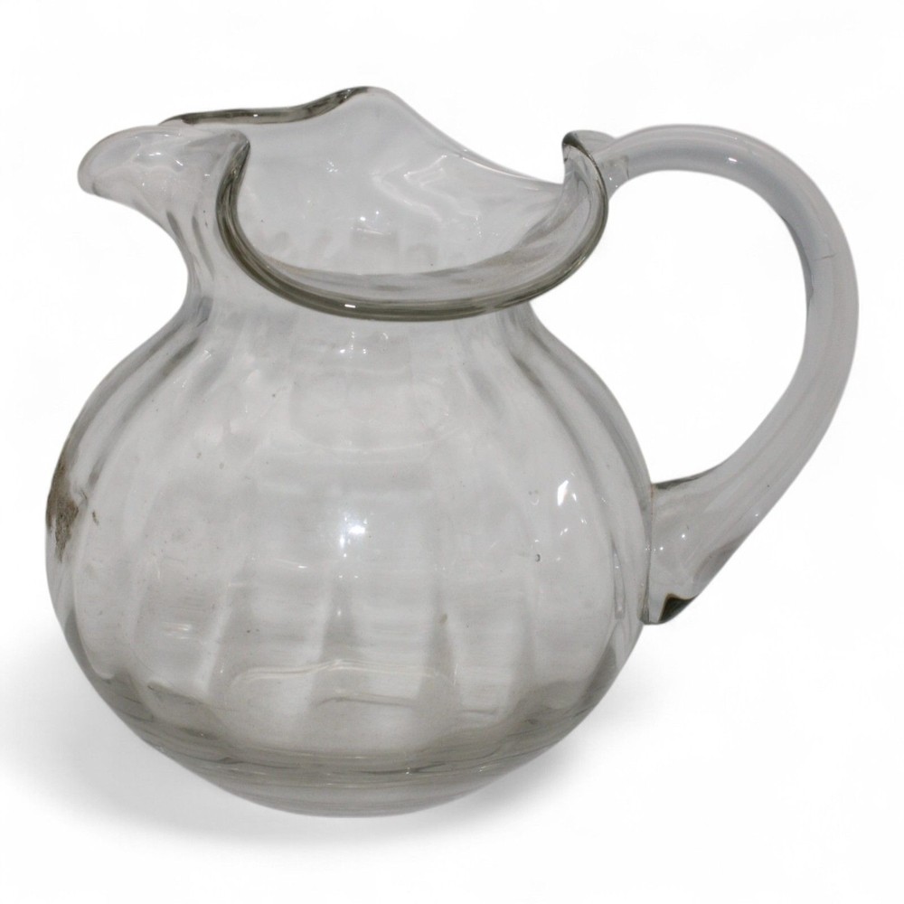 Handblown Clear Glass Pitcher With Ruffled Rim And Sturdy Handle