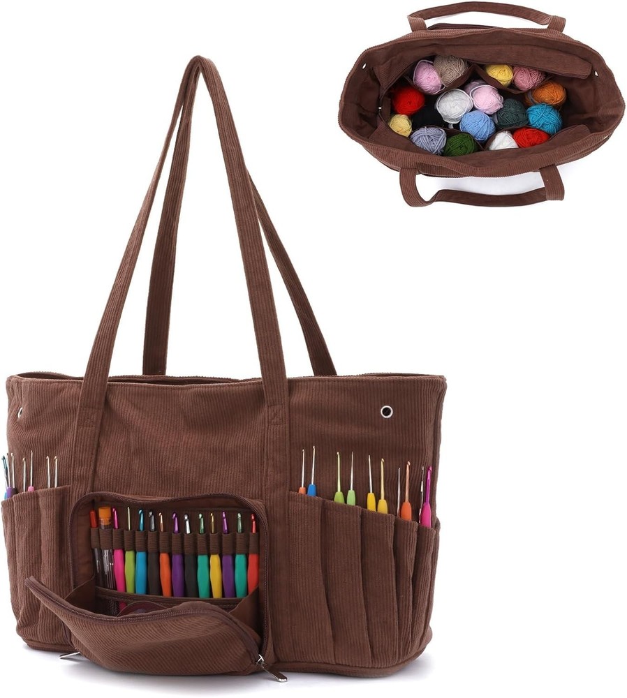 Large Yarn Organizer Bag with Protective Lining for Crochet Tools and Projects
