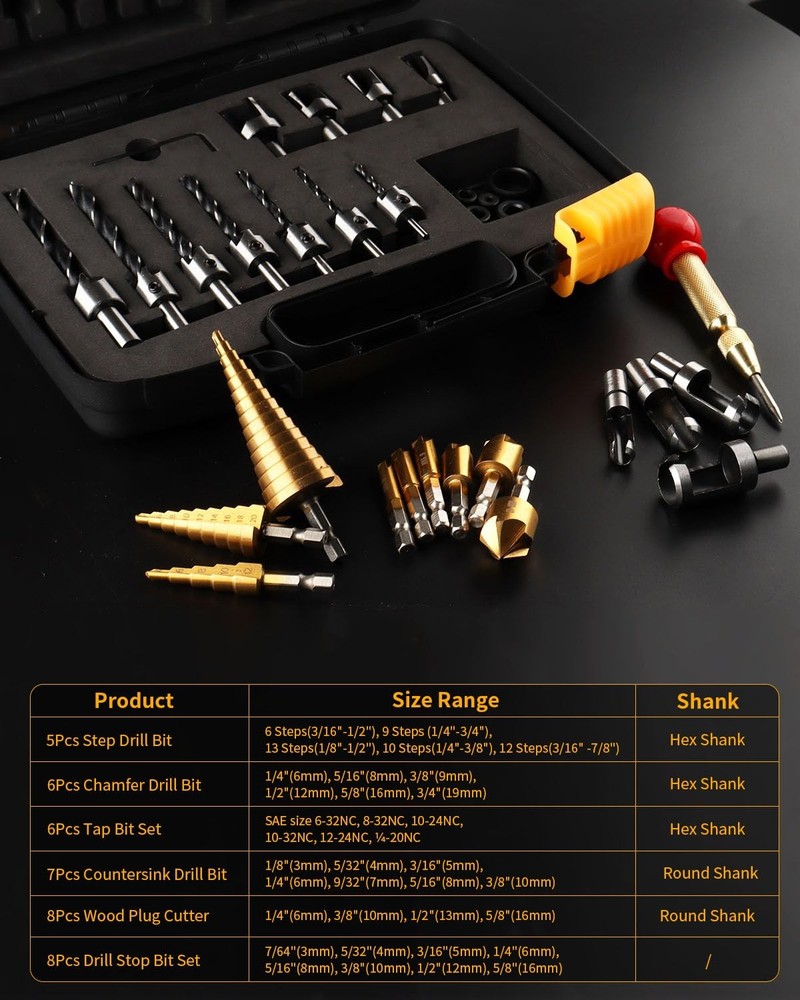 34 Pcs Woodworking Chamfer Drilling Tools Including 6 Countersink Drill Bit...