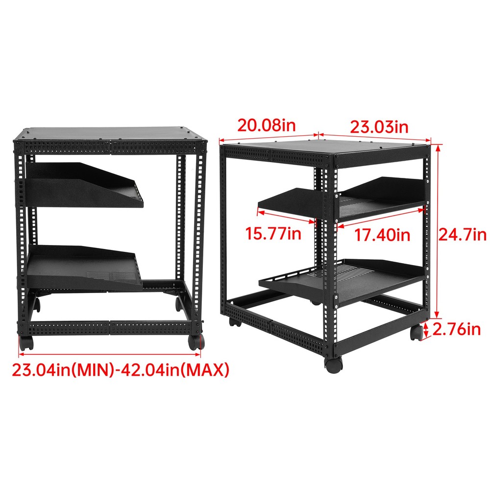 12U 4 Post Open Frame Server Rack Network 23"-40" Adjustable w/ Casters Shelves