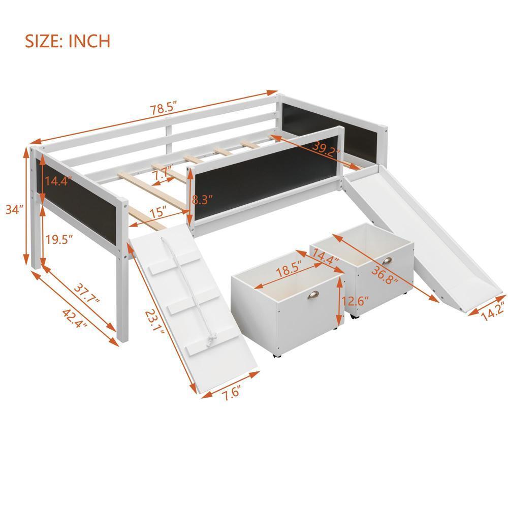 New Practical Twin size Loft Bed Wood Bed w/ Two Storage Boxes - White
