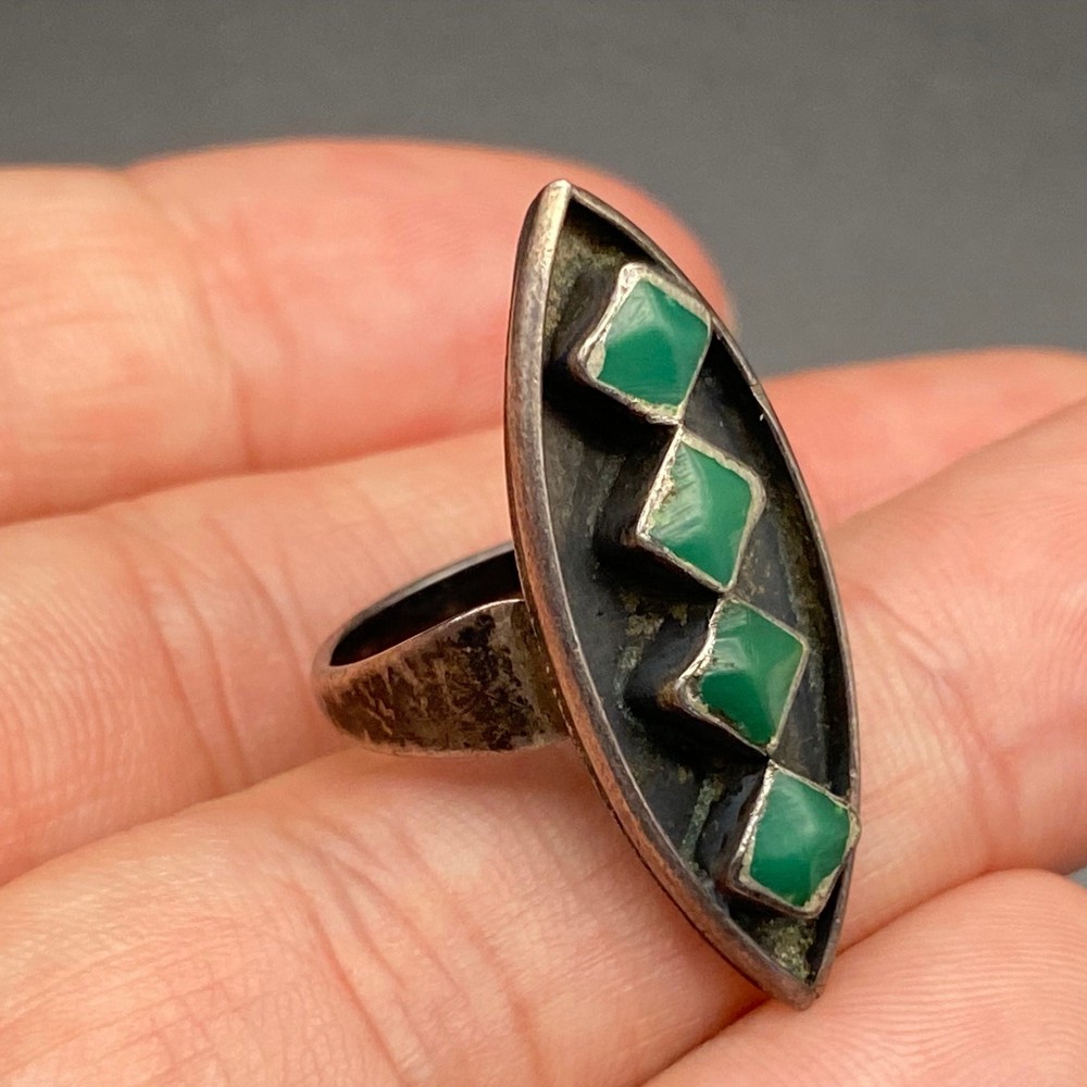 Vintage Zuni Native Turquoise Inlay Silver Ring Size 6.5