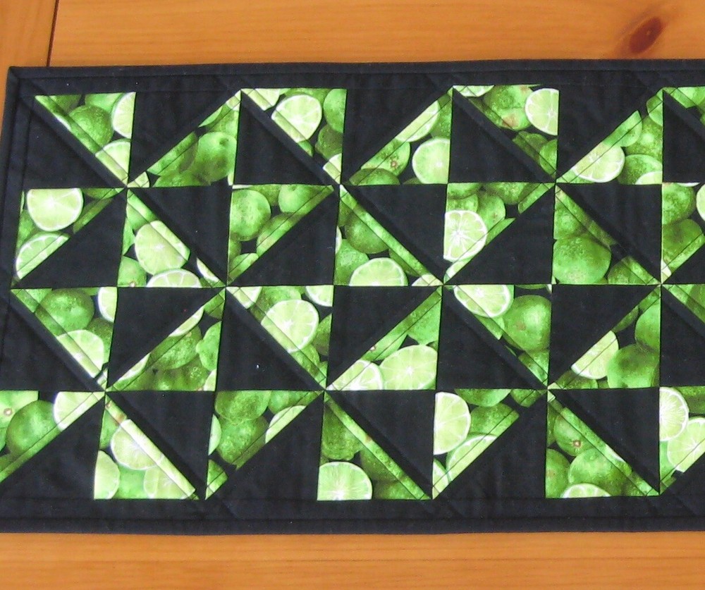 Handmade Quilted Table Runner Green Lime Fruit with Solid Black FREE SHIPPING