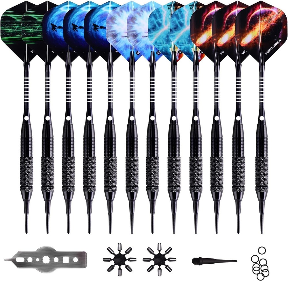 Durable Soft Tip Darts - 12-Piece Set with 100 Tips & Unique Flight Designs