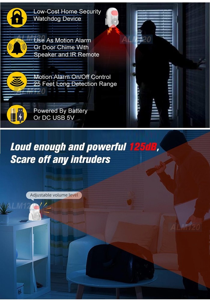 Desktop Wall Mounting Motion Sensor 125dB Alarm Chime Alert Remote Control