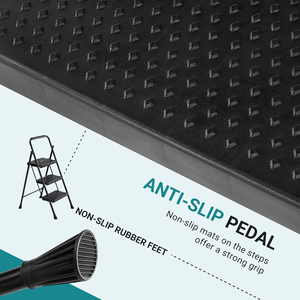 Step Ladder, 3 Step Stool Foldable with Anti-Slip Pedal & Comfortable Handrail,