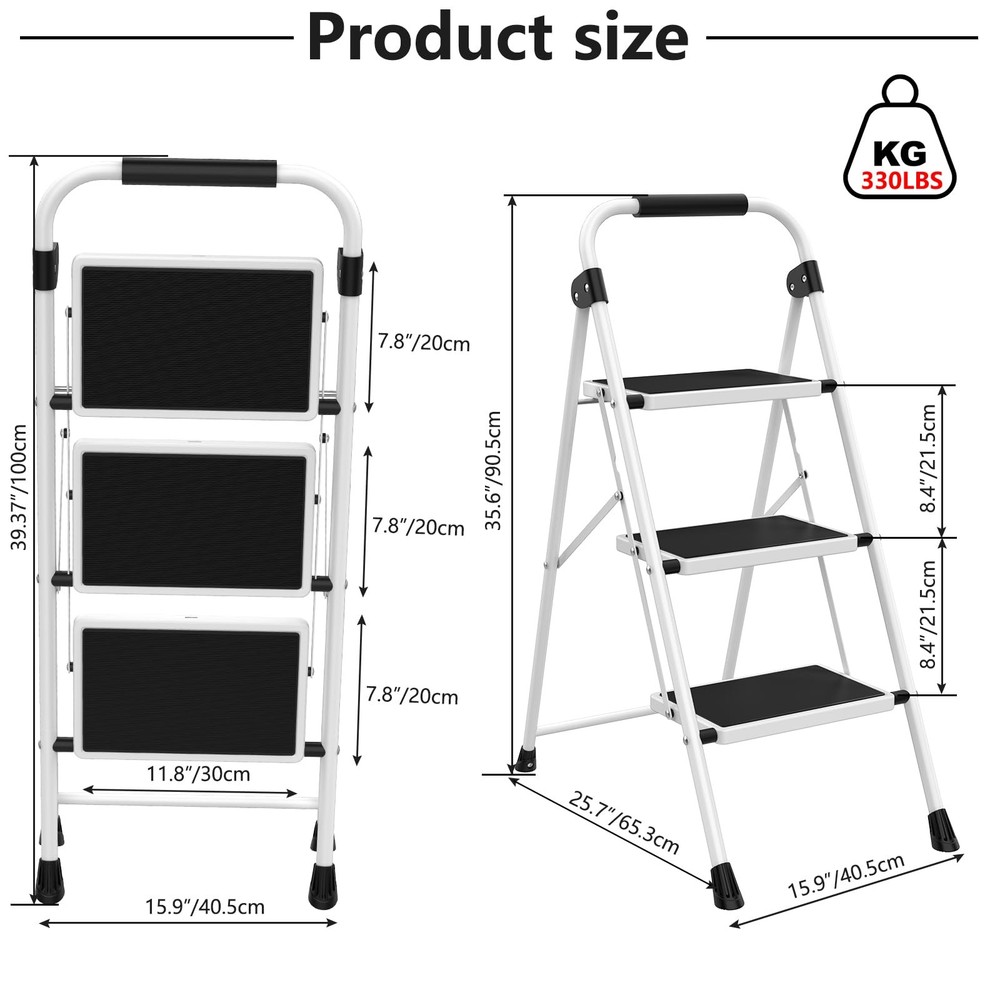 3 Step Ladder, Step Stool Foldable, 800lbs Portable Ladder Black