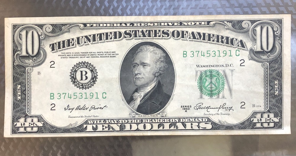 1950-A $10 Misalignment Error! S/N B37453191C Excellent Condition!