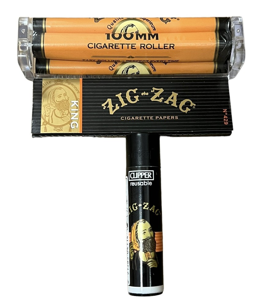 ZIG ZAG KING SIZE CIGARETTE PAPERS + CLIPPER LIGHTER + 100mm ROLLING MACHINE